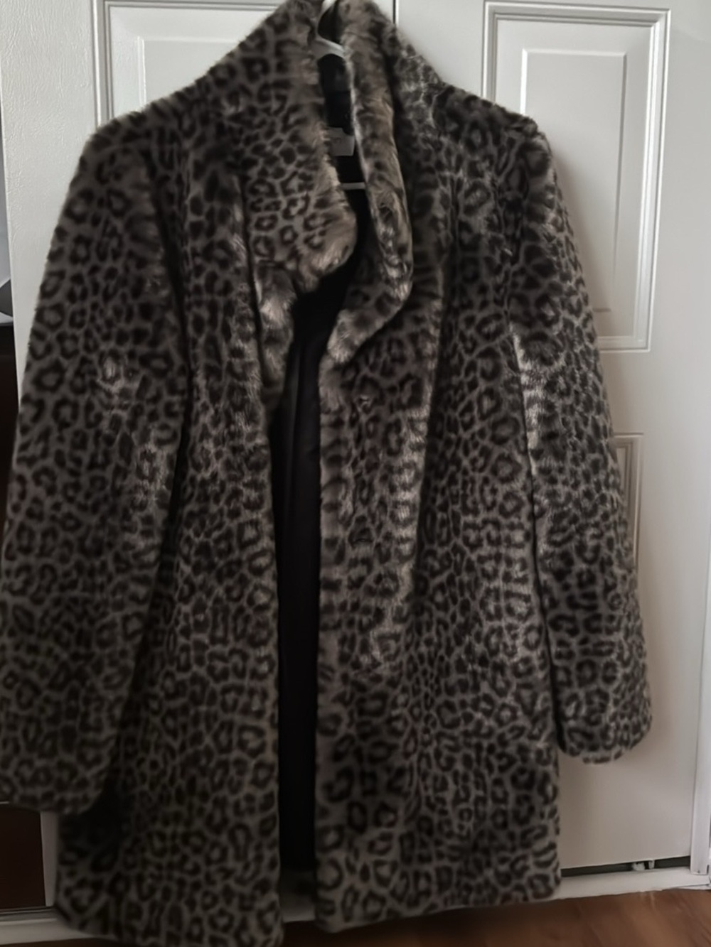 Calvin Klein Gray Leopard-Print Faux Fur Coat